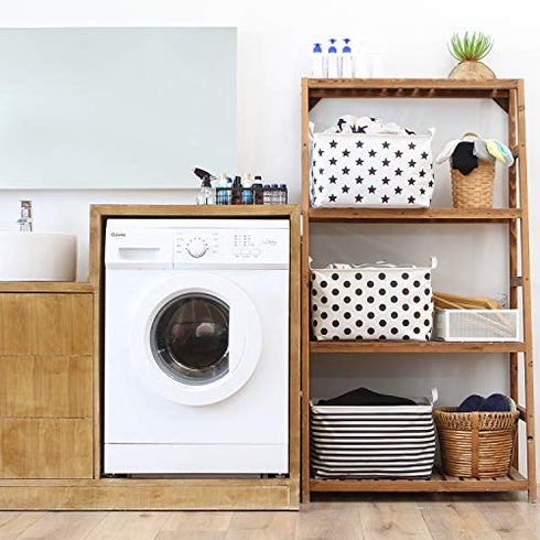 Sea Team Collapsible Canvas Fabric Storage Basket with Handles, Rectangle Waterproof Storage Bin, Box, Cube, Foldable Shelf Basket, Closet Organizer, 16.5 x 11.8 x 9.8 Inches, Black Stripe